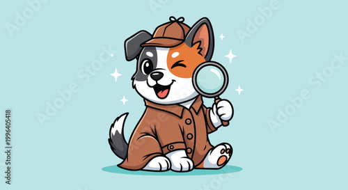Cute Cartoon Puppy Detective Wearing a Hat and Trench Coat Holding a Magnifying Glass.