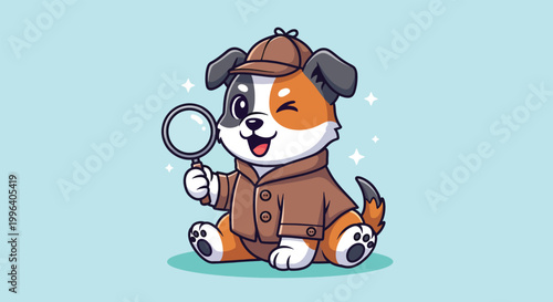 Cute cartoon puppy detective with magnifying glass.
