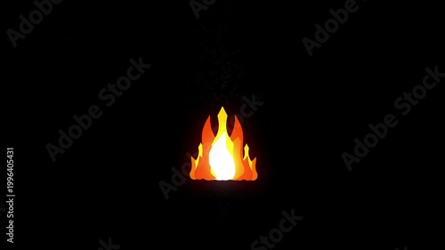 Stylized 2D animated campfire burning against a solid black background. Minimalist cartoon fire flame flickering in the dark for motion graphics and game assets.