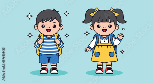 Cute Cartoon School Children Boy and Girl with Backpacks Vector Illustration.