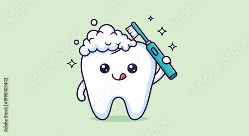 Cute Cartoon Tooth Character Brushing Teeth with Toothpaste Foam.