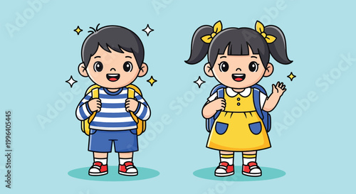 Cute Cartoon School Children Boy and Girl Characters.