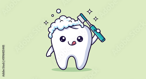 Cute cartoon tooth character brushing itself with a toothbrush and foam.