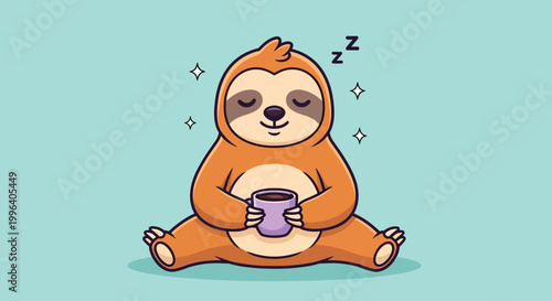 Cute cartoon sloth sleeping while holding a purple coffee mug on a teal background.