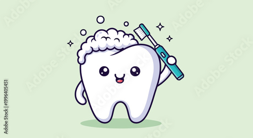 Cute Cartoon Tooth Brushing Itself with Foam and Toothbrush Vector Illustration.