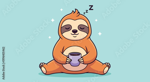 Cute cartoon sloth sleeping while holding a warm cup of coffee.