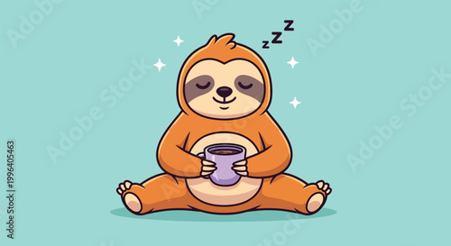 Cute Cartoon Sloth Holding a Coffee Mug While Sleeping Illustration.