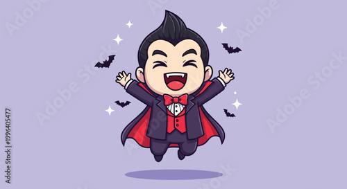 Cute Cartoon Vampire Character Jumping Happily.