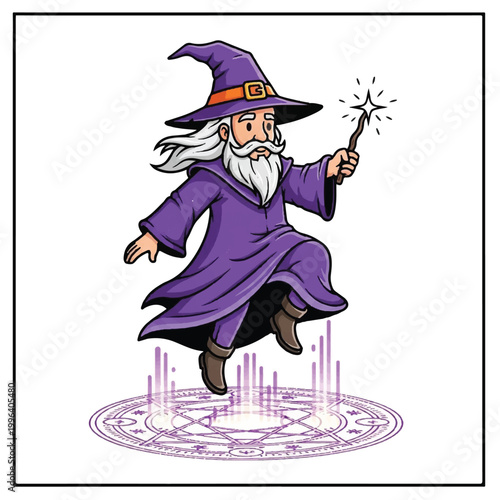 Cartoon wizard with magic wand flying.