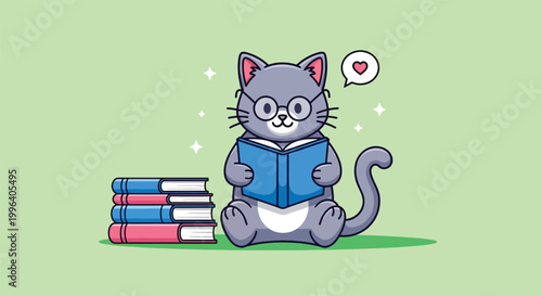 Cute Grey Cat Wearing Glasses Reading a Book Illustration.