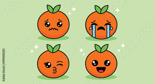 Set of Cute Kawaii Orange Fruit Characters with Different Facial Expressions.