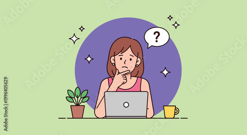 Thoughtful Young Woman Working on Laptop and Searching for Answers.