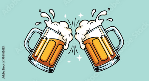 Two beer mugs clinking together for a celebratory toast.