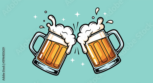 Two beer mugs clinking in a celebratory toast with splashing foam.