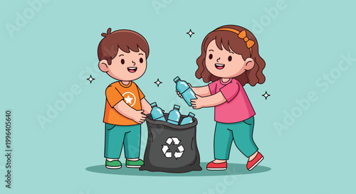 Two children putting plastic bottles into a recycling bag to save the environment.