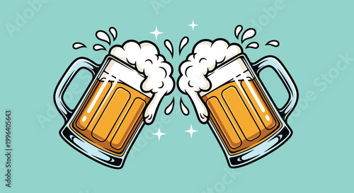 Two beer mugs clinking together with foam and splashes.