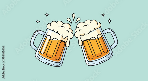 Two beer mugs clinking together for a toast celebration illustration.