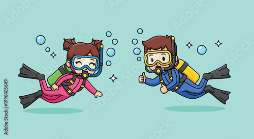 Two cute cartoon kids scuba diving underwater in wetsuits with masks and oxygen tanks.