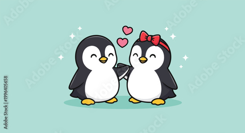 Two Cute Cartoon Penguins Holding Hands with Hearts Floating Above Them.