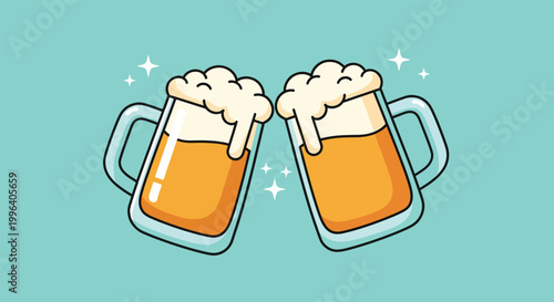 Two Frothy Beer Mugs Clinking in Celebration.