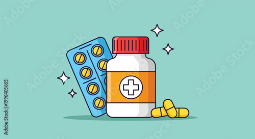 Vector Illustration of Medicine Bottle with Blister Pack and Capsules for Healthcare and Pharmacy Concept.