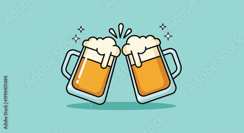 Two Mugs of Beer Clinking Together Cartoon Illustration.
