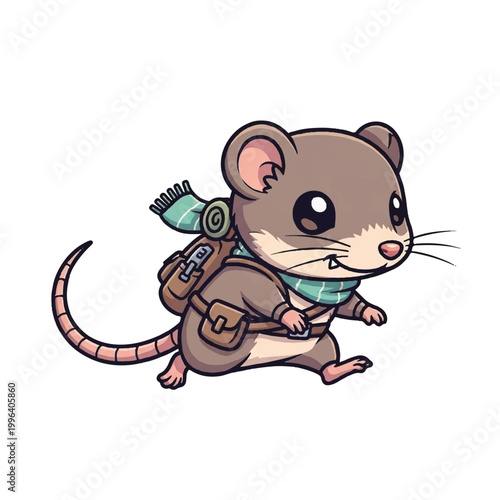 Cartoon mouse with backpack and scarf.
