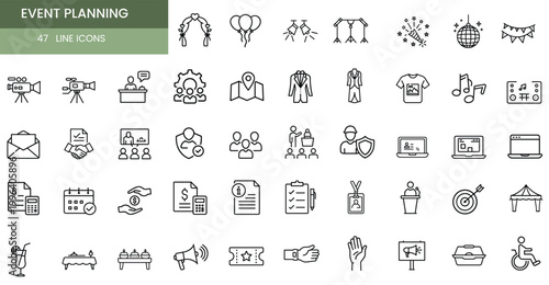 Event planning line icons set wedding arch stage lights ticket banquet dinner video camera safety guard megaphone target & more vector illustration with editable stroke.