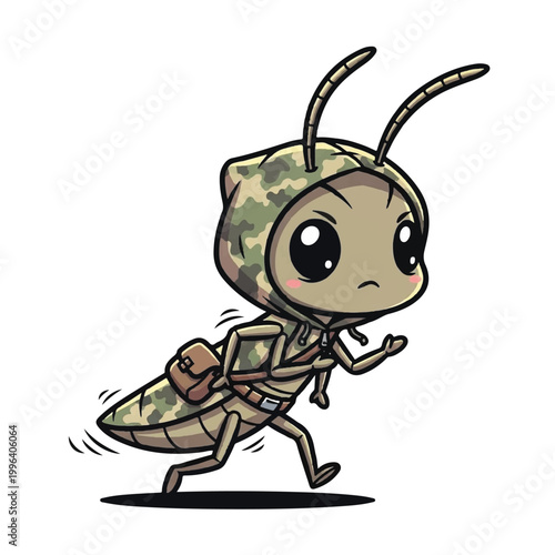 Cartoon insect wearing camouflage gear.