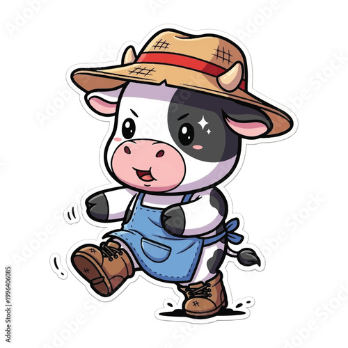 Cartoon cow wearing a hat.