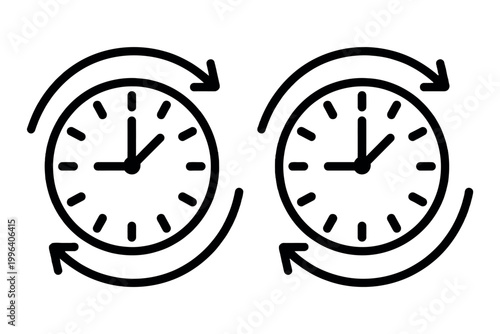 Clocks show time passing with circular arrow indicators.