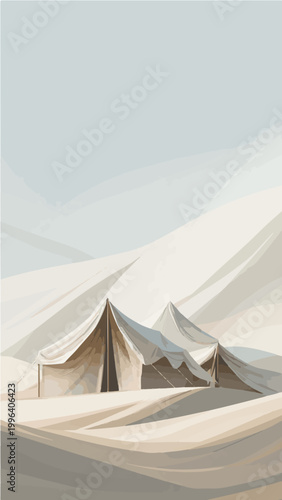 Minimalist desert landscape with nomadic tents, serene sand dunes background, beige and cream colored vector illustration for travel and adventure