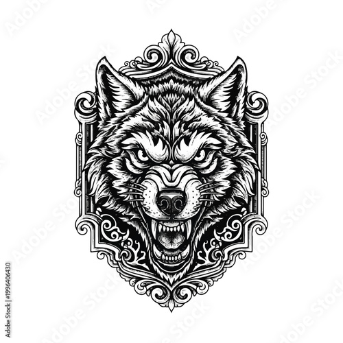 Furry angry wolf head portrait.