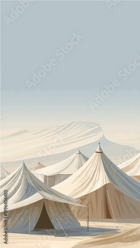 Minimalist desert camp vector illustration, traditional white tents in sandy dunes, serene middle eastern landscape background for travel posters