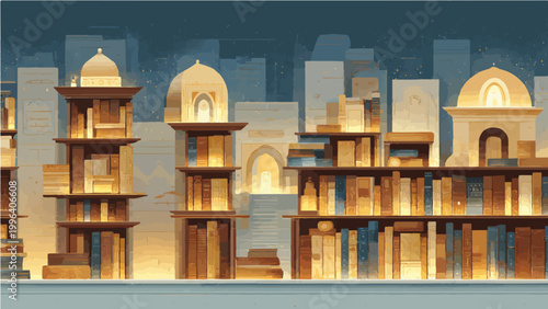 Eid ul adha, Conceptual library city vector illustration, bookshelf skyline with domes and arches, literary urban landscape in warm gold and blue tones