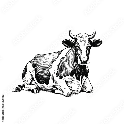 Black and white cow lying down.