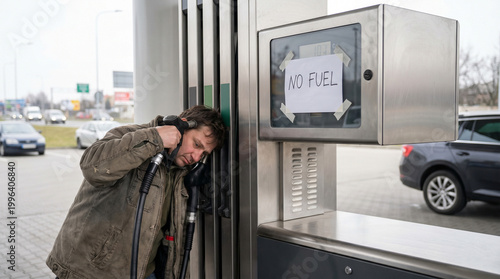 Man trying to refuel car at empty gas pump with no fuel sign