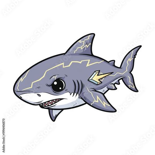 Cartoon shark with lightning bolts.