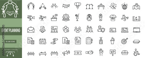 Event planning line icons set wedding arch stage lights banquet buffet video camera safety guard event ticket guest list & more vector illustration with editable stroke.