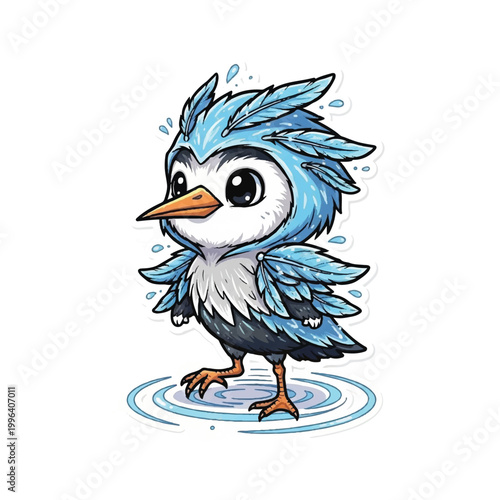 Cute Cartoon Blue Bird Standing Wet.