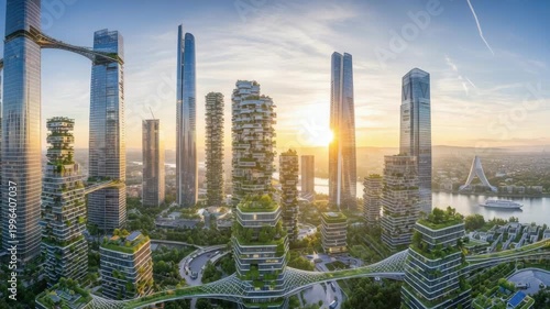 Modern cityscape with green buildings under sunny skies