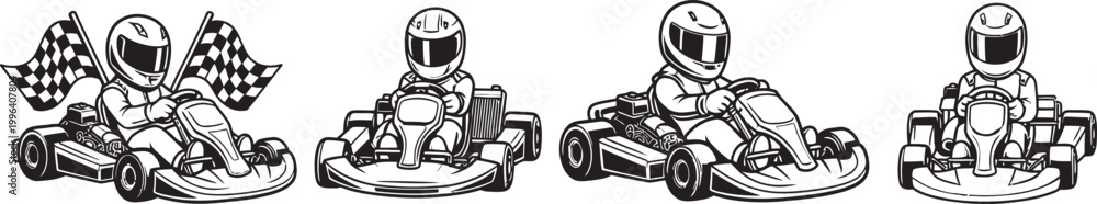 Fototapeta premium Set of four cartoon go-karts with drivers in helmets, racing flags visible