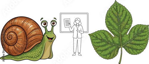 Cartoon snail, teacher in classroom and green leaf illustration set, nature and education themed vector collection design