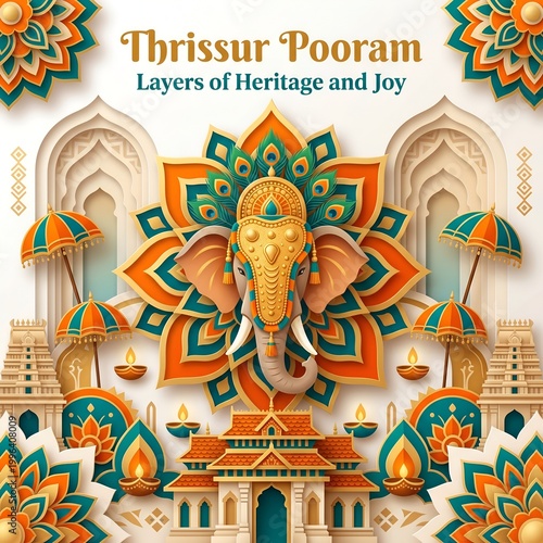 Thrissur Pooram Paper Cut Elephant Festival Illustration