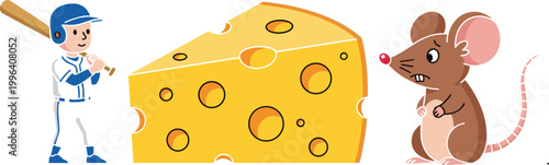 Cartoon baseball player, cheese wedge and mouse illustration set, sports, food and animal themed vector collection design