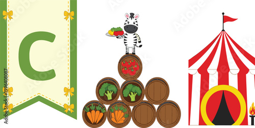 Letter C banner, zebra with vegetables barrels and circus tent illustration set, alphabet learning, farm produce and entertainment themed vector collection design
