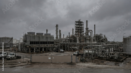 Oil refinery plant with low activity under cloudy sky energy crisis concept