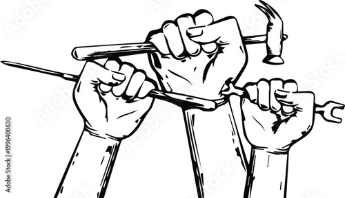 Vintage woodcut style raised fists holding tools, industrial labor union solidarity vector, black and white worker rights revolution illustration