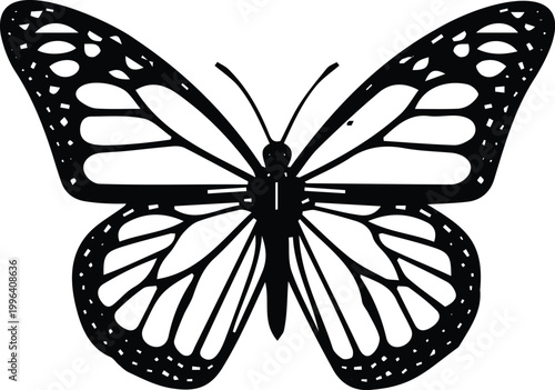 Monarch butterfly silhouette vector, black butterfly icon with detailed wing patterns, minimalist nature insect illustration for logo design