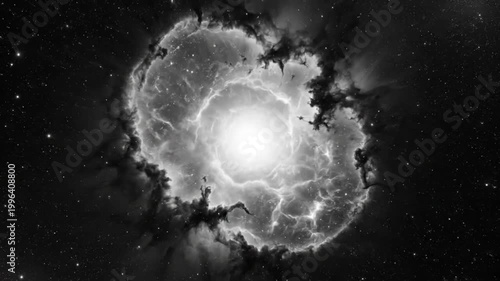Black and white nebula in deep space with bright central star, cosmic dust clouds around